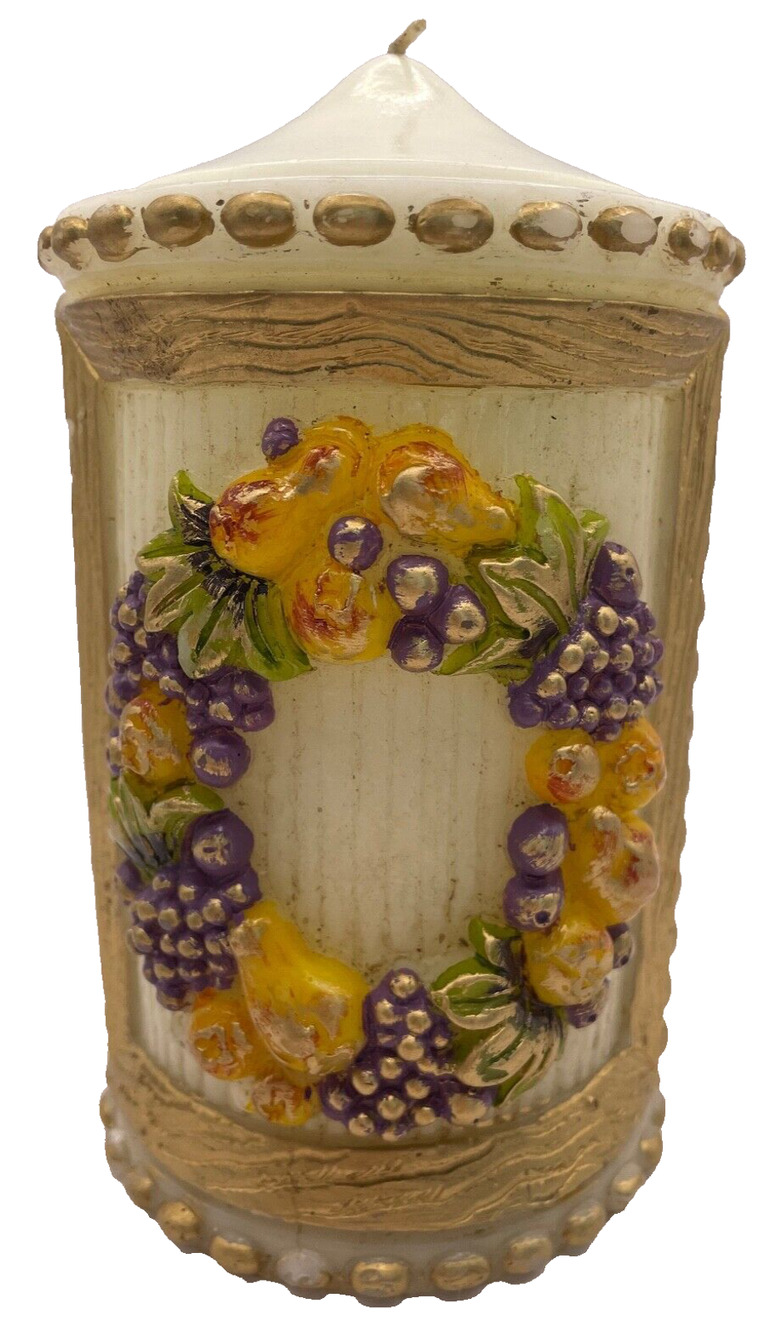 Vintage 6.5" Decorative Candle Gold Colored Carved Design With 3D Flowers